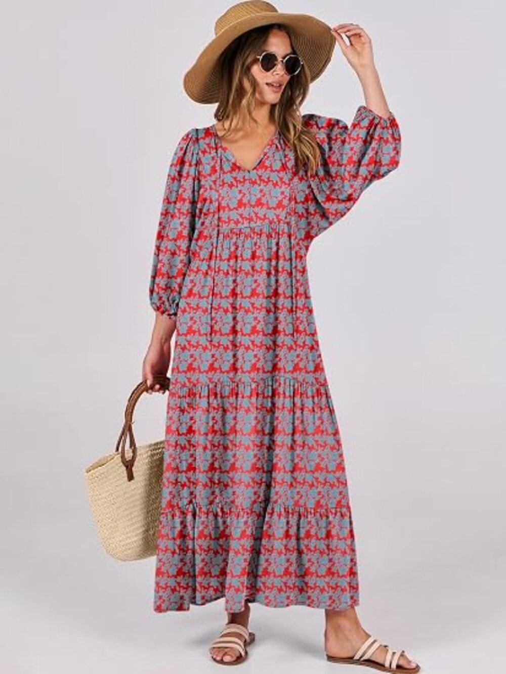 Womens Boho Floral 3/4 Puff Sleeve Maxi Dress